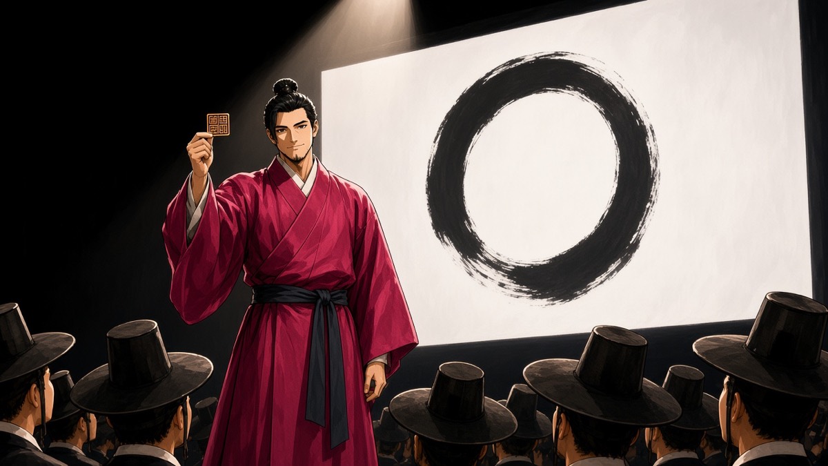 The keynote, painted: Chunchu alone on a black stage in one hard spotlight, holding up a small bronze seal, a giant ink circle on the screen behind