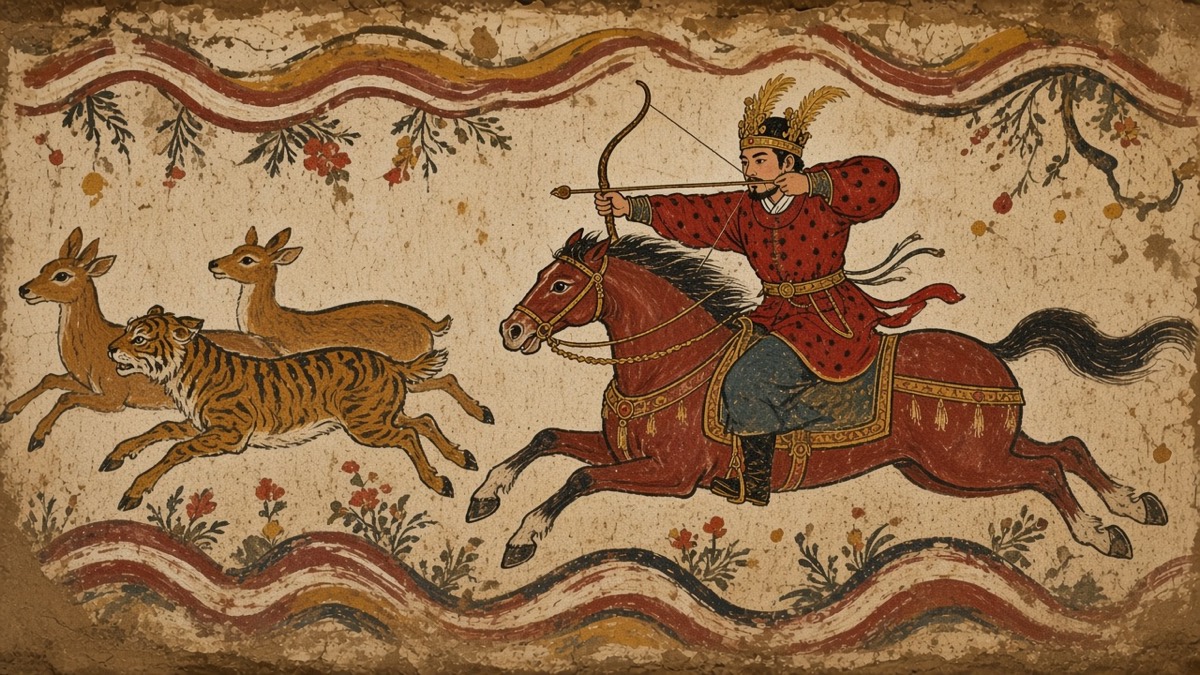 The Muyongchong hunting mural as a Goguryeo tomb-wall painting: King Jumong twisted backward in the saddle at full draw, a stag and a tiger fleeing over banded hills