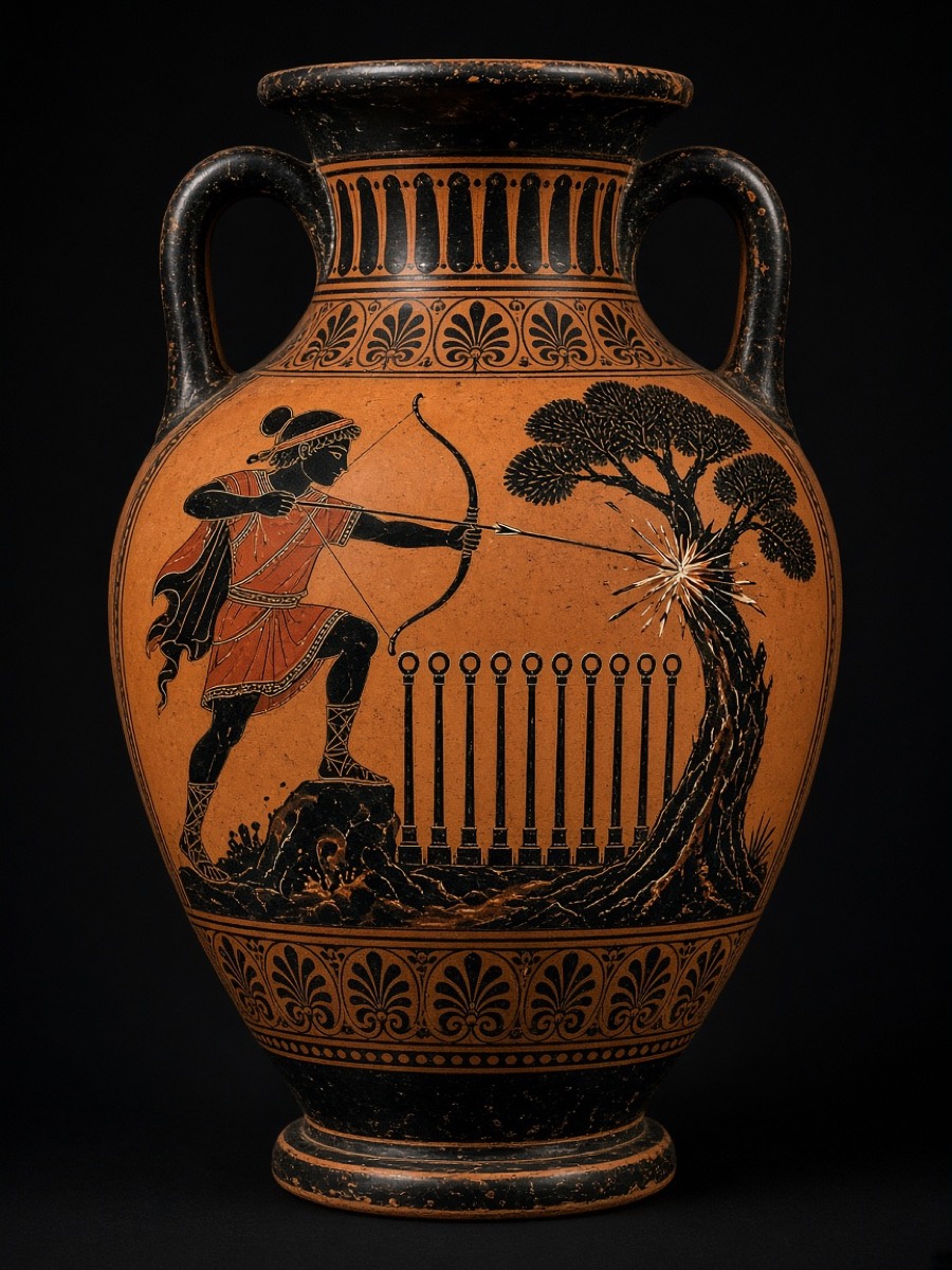 Odysseus’ arrow on a black-figure amphora: Jumong at full draw, his arrow threading a row of iron rings to split Tabal’s arrow in the pine knot