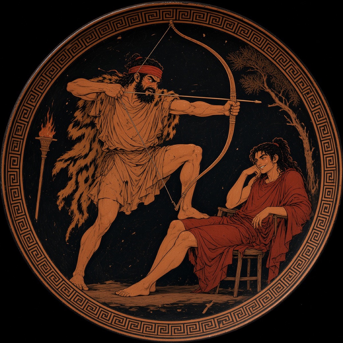 Odysseus’ bow on a red-figure cup: Tabal straining at Jumong’s bow while Jumong lounges and grins