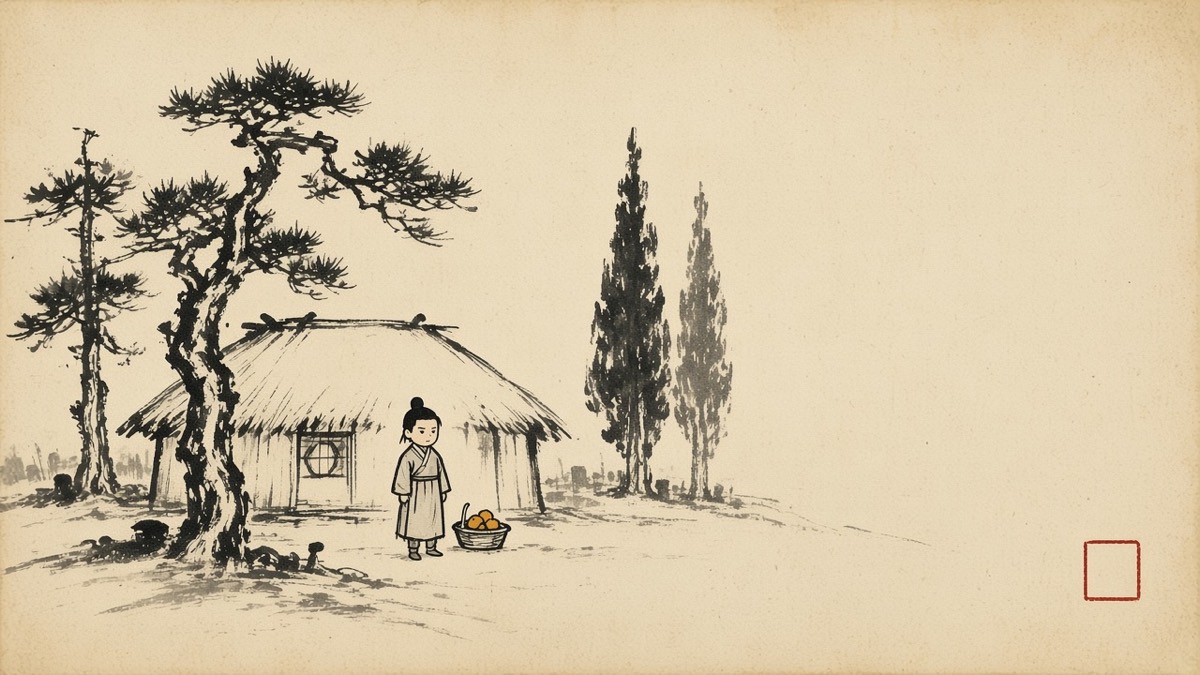Kim Jeong-hui’s Sehando on Tamla: a bare hut between four wind-bent pines in dry ink, one small figure — Gyebek — standing alone in the snow