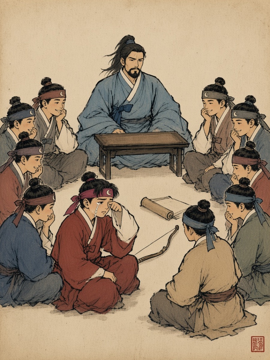 Kim Hong-do’s Village School: Yushin as the schoolmaster, Bupmin wiping his eyes in front of him, the other cadets in a ring trying not to laugh