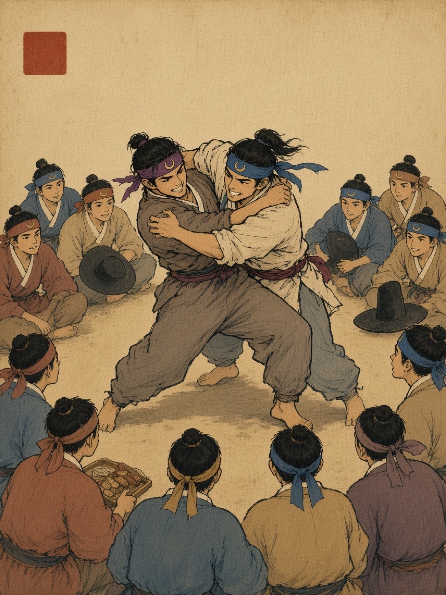 Kim Hong-do’s Ssireum as a Joseon genre-painting album leaf: young Bidam and Yushin wrestling in a ring of Hwarang cadets, a rice-cake boy looking away