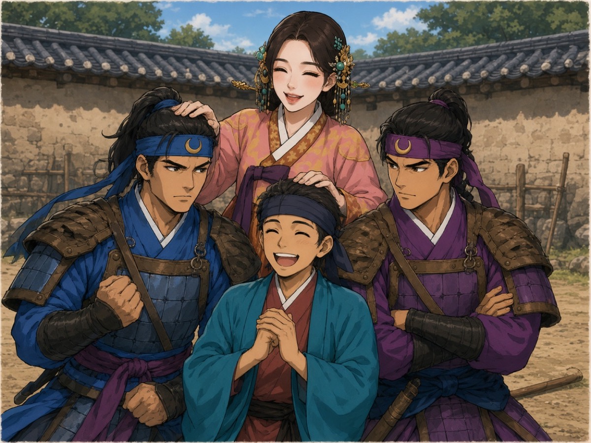 Team 7’s photo as the Three Eternal Hwarang: Yushin and Bidam glaring at each other, Alchun grinning in the middle, Princess Dukman behind with a hand on each rival’s head