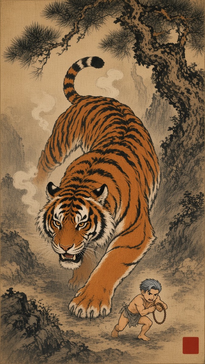 Kim Hong-do’s Tiger under Pine: Golhwa’s fire-tiger in fine ink hair-strokes under a gnarled pine at the cavern mouth, tiny Bidam fleeing with his beads
