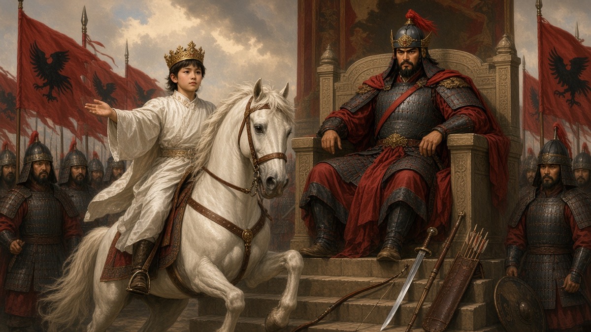 Vercingetorix Throws Down His Arms at the Feet of Caesar: a Silla crown prince rides in and drops his sword before Gwanggaeto’s dais