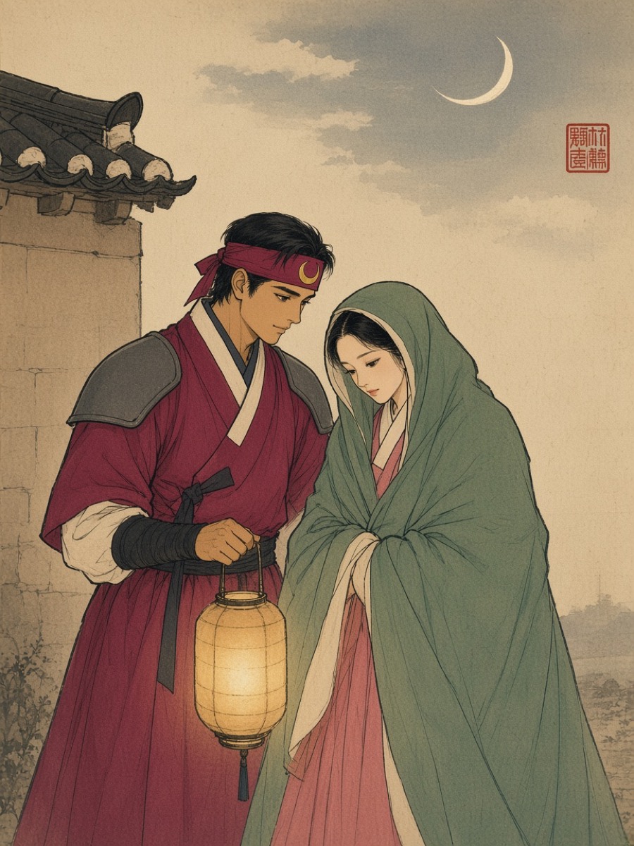 Shin Yun-bok’s Lovers Under the Moon as a Joseon album leaf: Chunchu with a lantern and Munhee under a green jangot at the corner of the wall, a thin moon above
