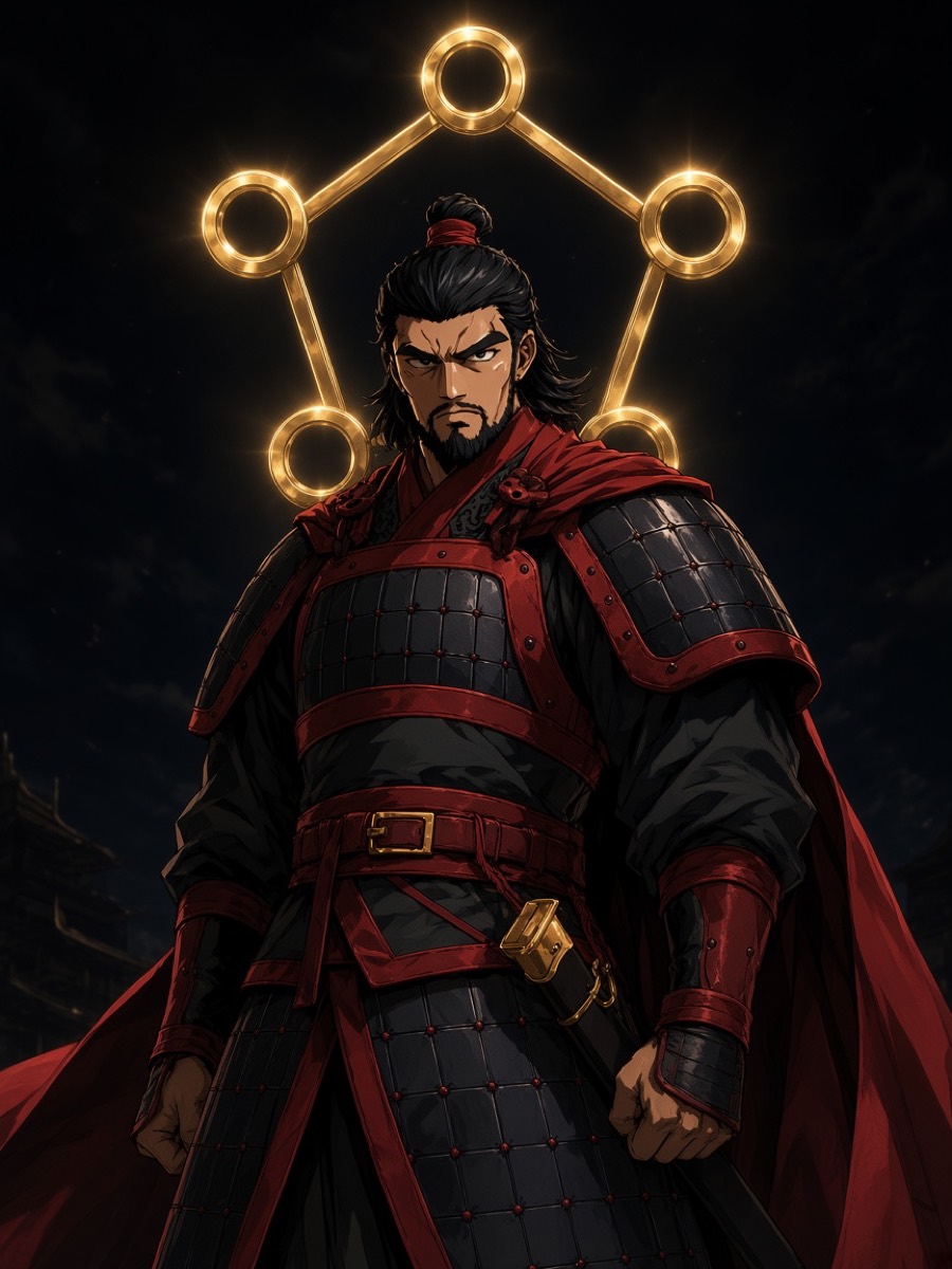 Yeon Gesomun — five ring-pommel swords fanned, gold rings the only light