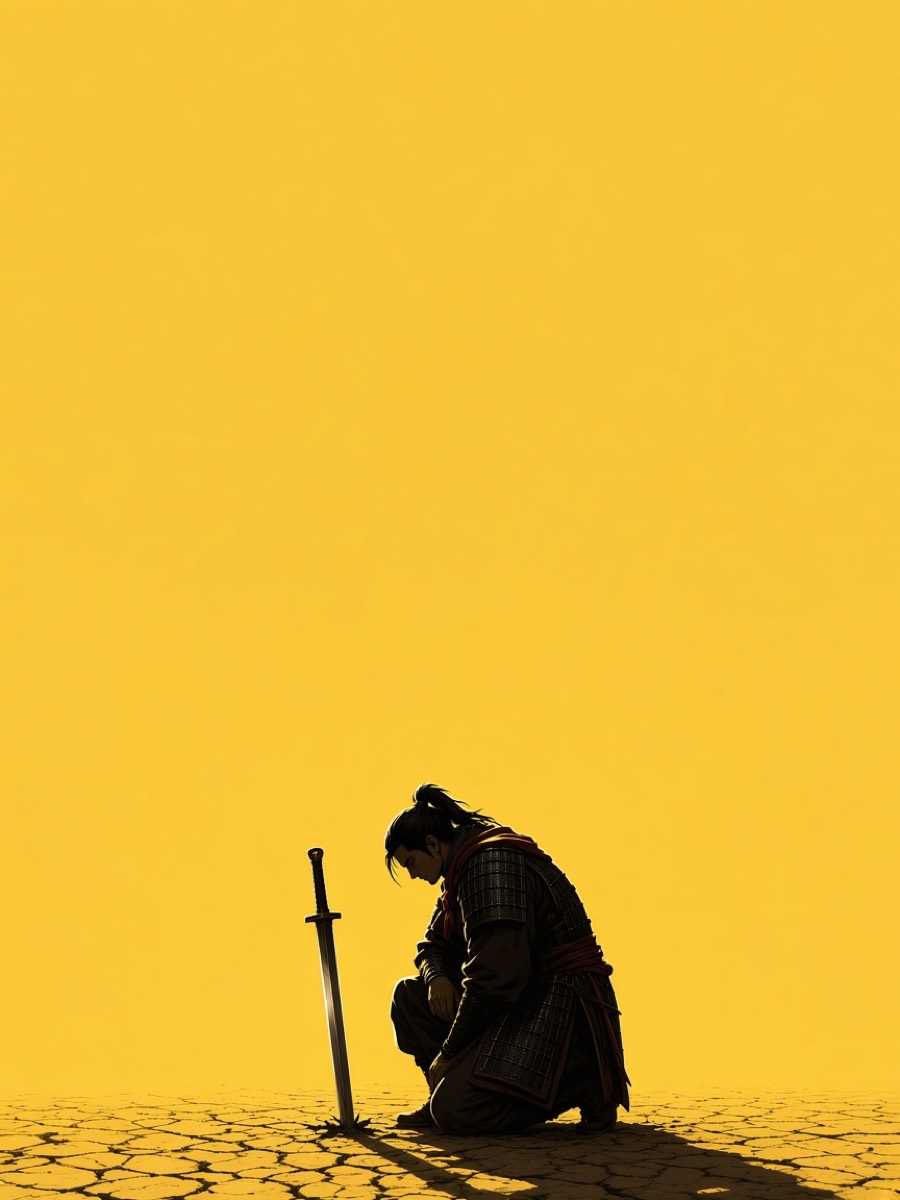 Gyebek on one knee under a vast yellow plane, sword plunged in earth