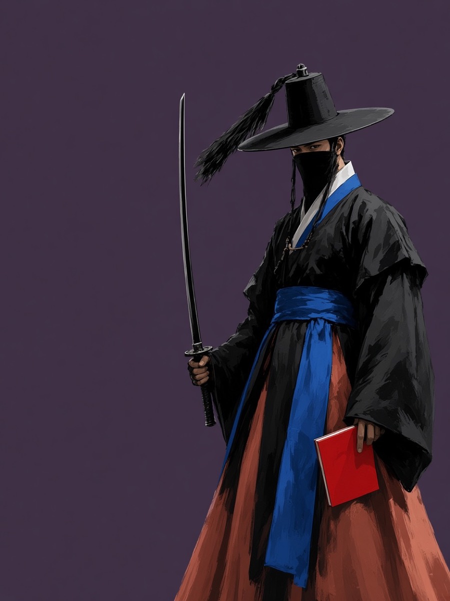 Haewonmek — black band over the mouth, sword and bright red notebook