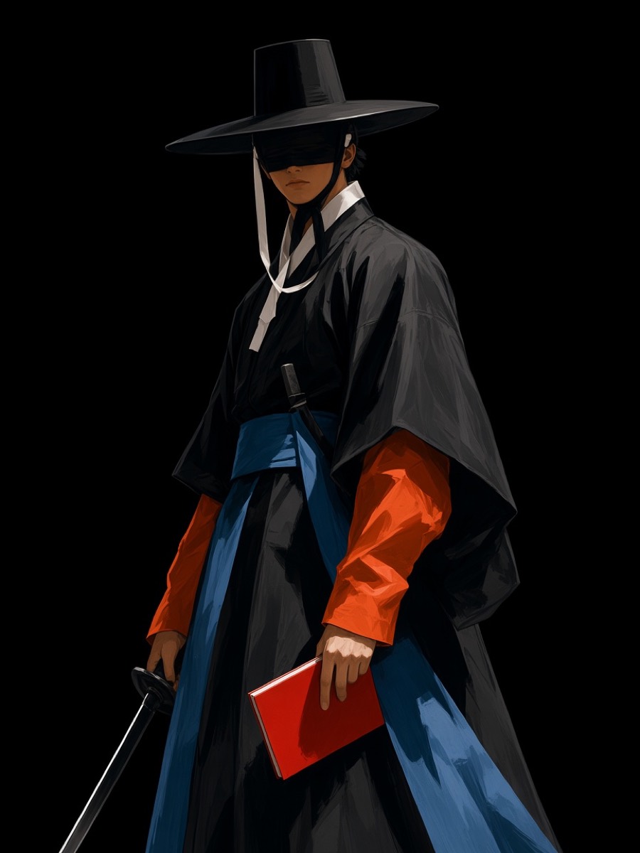 Kangrim — black band over the eyes, sword and bright red notebook