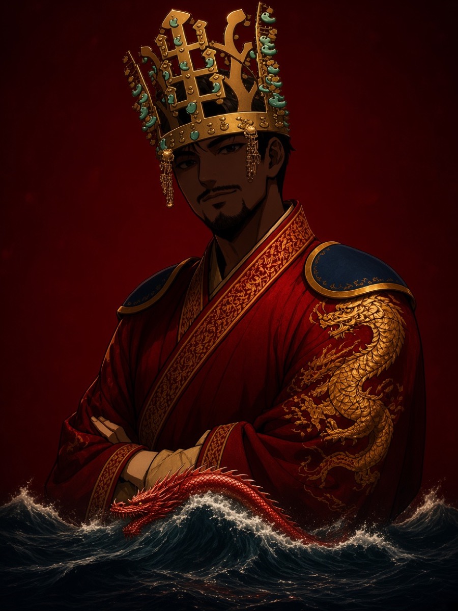 King Munmu — low crimson sea-strip, dragon-king standing on it
