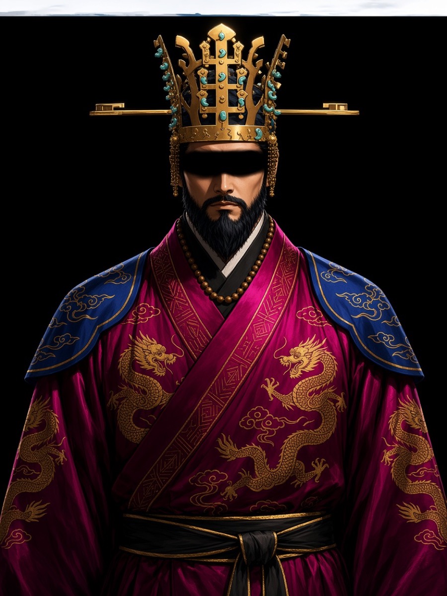 King Muyeol — full frontal, eyes in hard shadow, magenta court silk