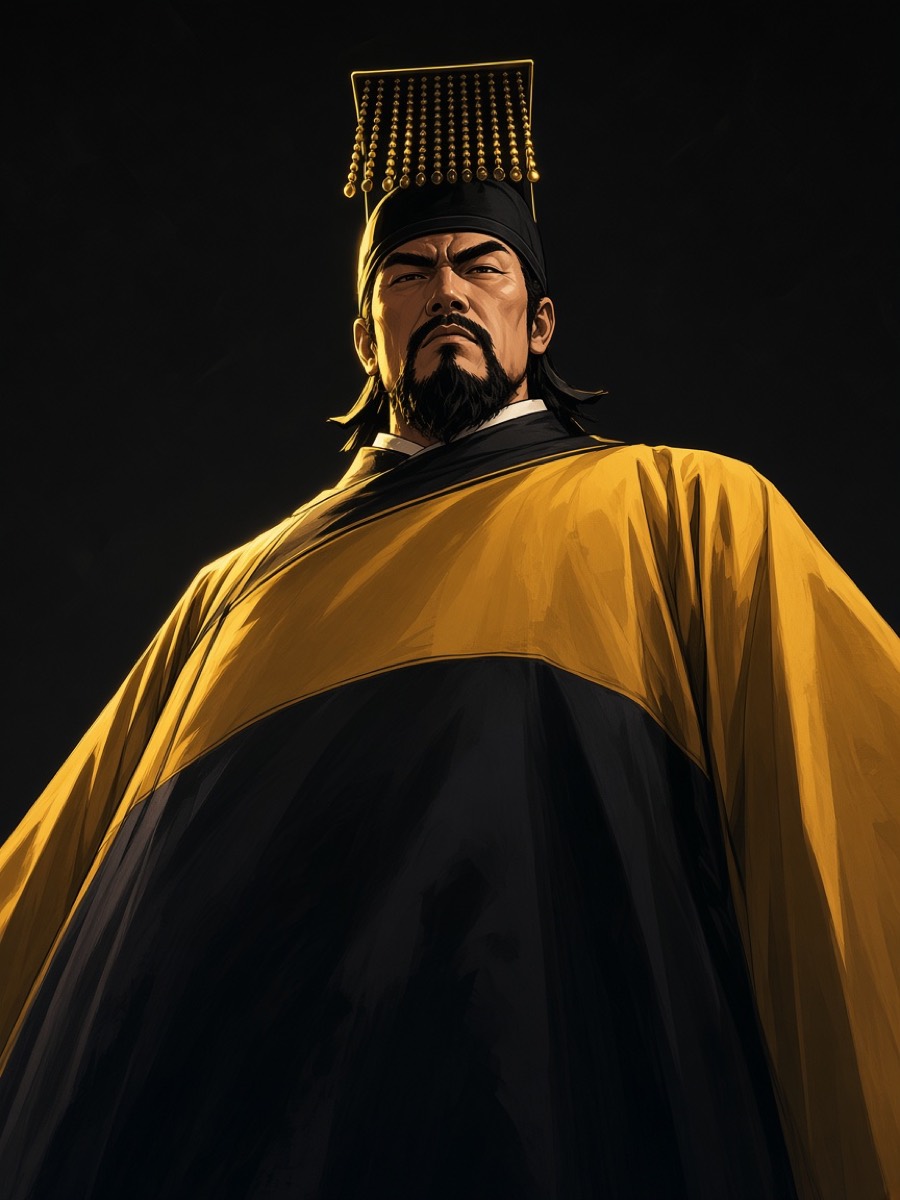 Tang Taizong — worm’s-eye, imperial crown lit, yellow robe highlights