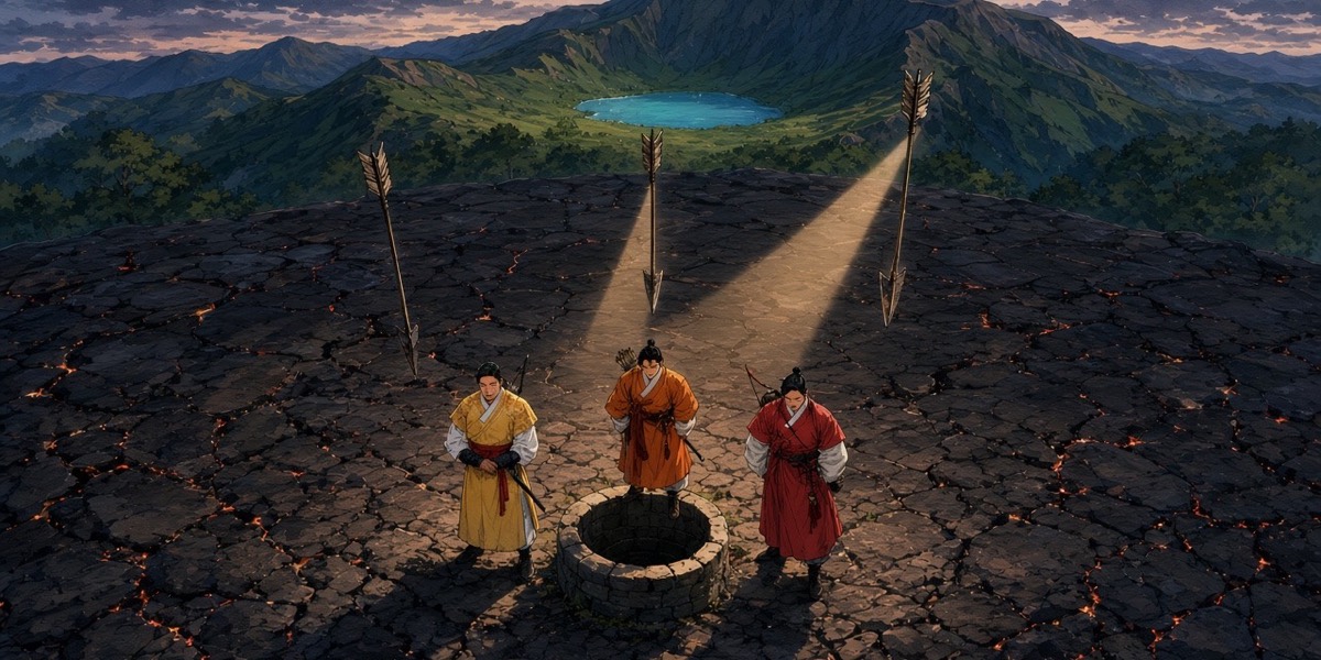 Bird's-eye: three arrows divide the lava fields; the princes small at the well