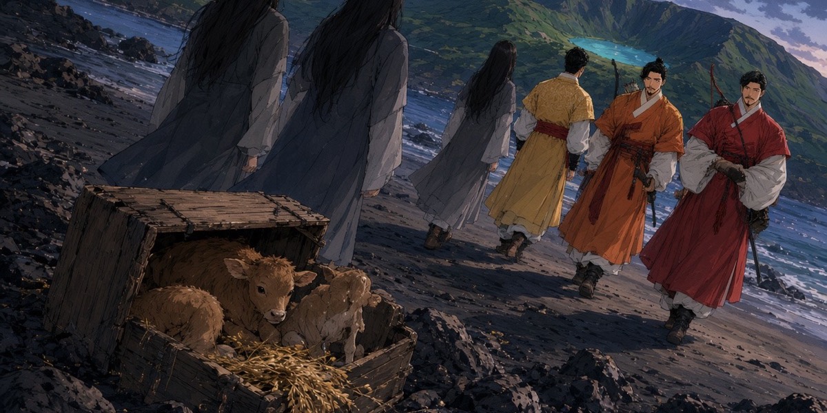 A sea-box cracks open with calves, a foal, and grain; three women are seen only from behind