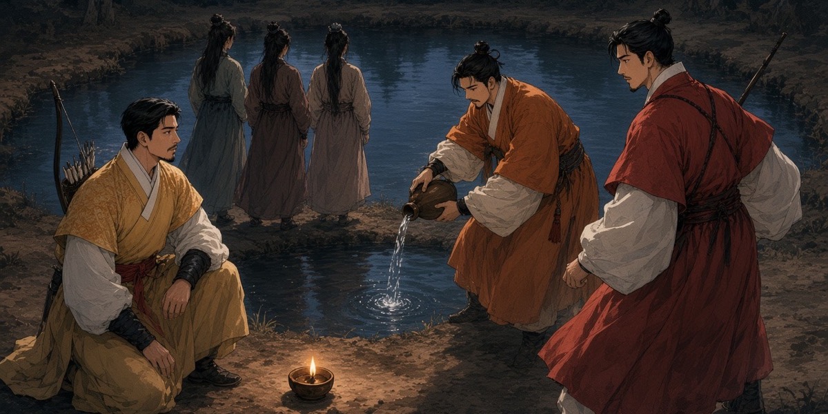 At a dark pond the three princes marry three women seen only from behind