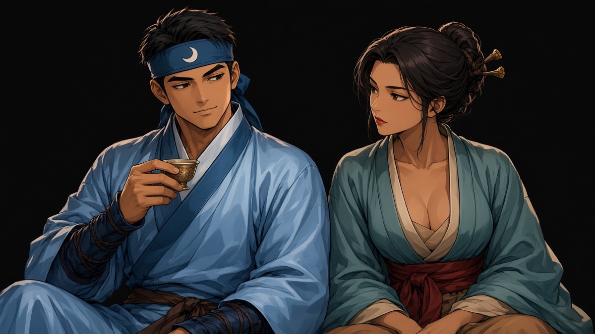 Feast lamp: Pumsuk looks past Maehwa at his cup — True Bone indifference