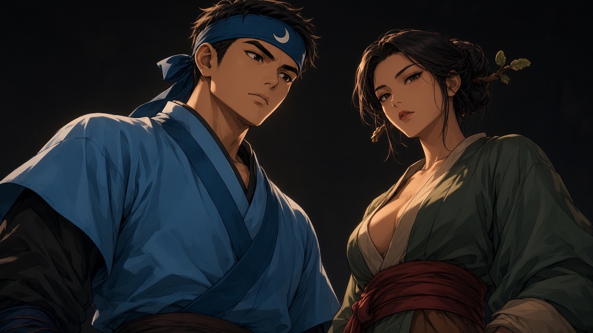 The first crack — Pumsuk’s eyes drop to Maehwa’s hip in teal-sage silk