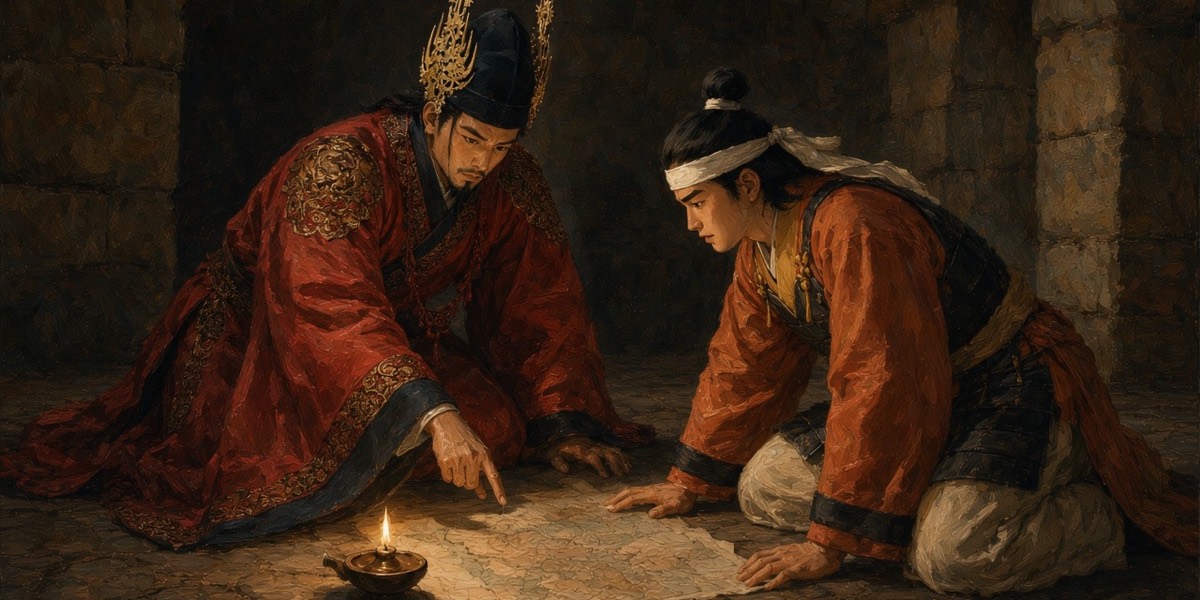 King Pungjang, crowned, points south across the map toward Pisong while Takutsu shakes his head