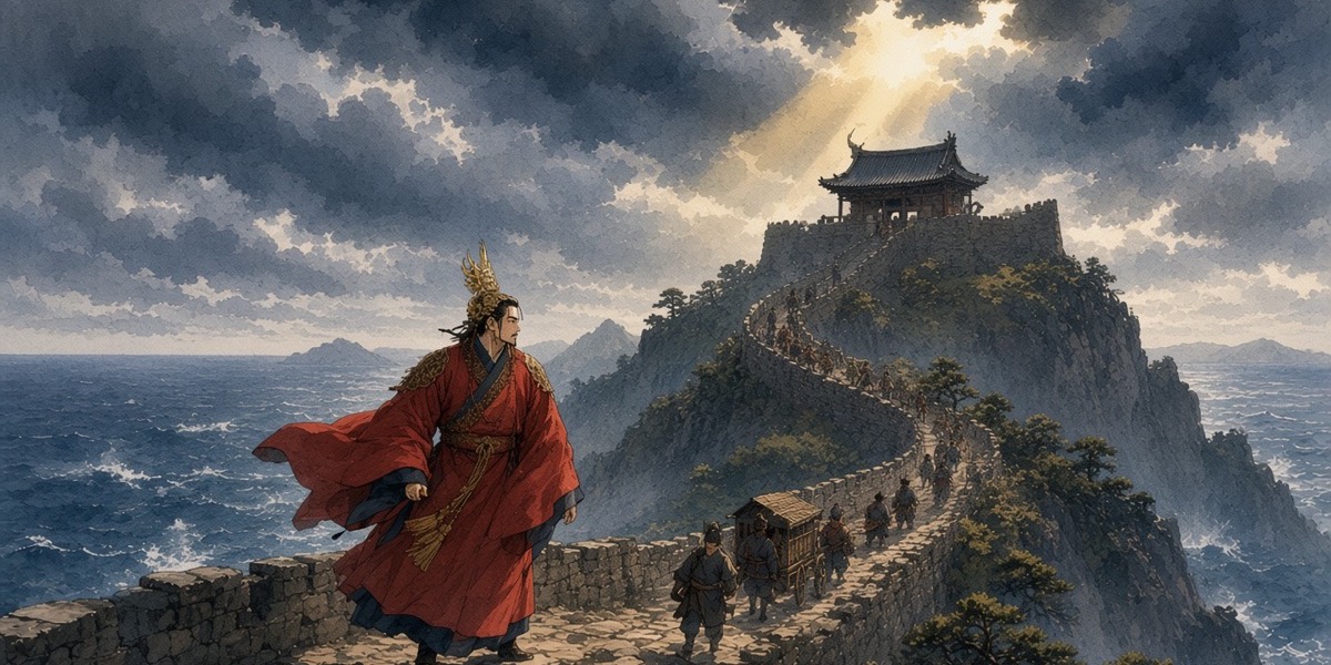 King Pungjang alone on the wall of Juryu watches his men trudge back up the mountain road
