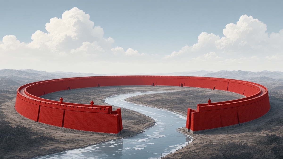 Broken Goguryeo-red ring of Pyongyang wall over the Taedong — one missing arc, winter emptiness