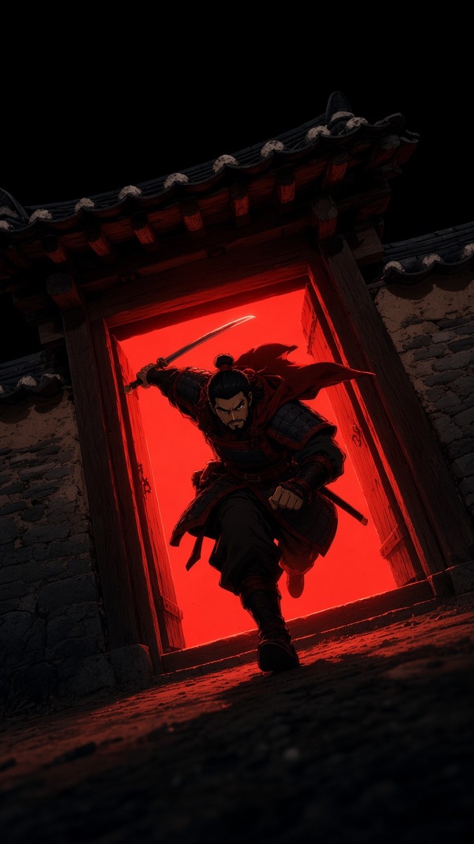 Worm’s-eye: Gesomun silhouetted in a Pyongyang banquet doorway flooded with red #C30000