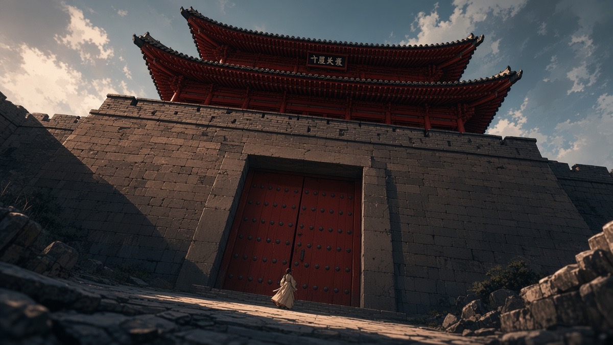 Worm’s-eye dusk: Pyongyang red two-tier munru gate before the banquet lamps
