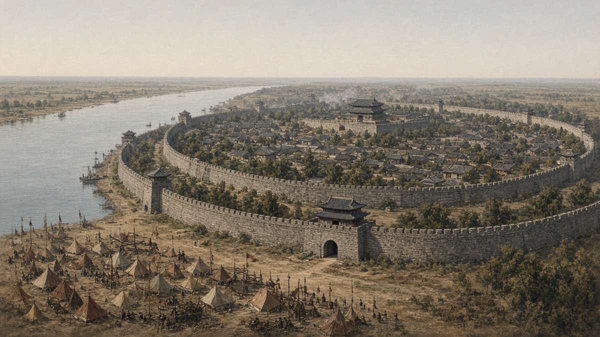 Pyongyang on the Taedong: inner, middle, and outer fortress walls, a Tang fleet on the river