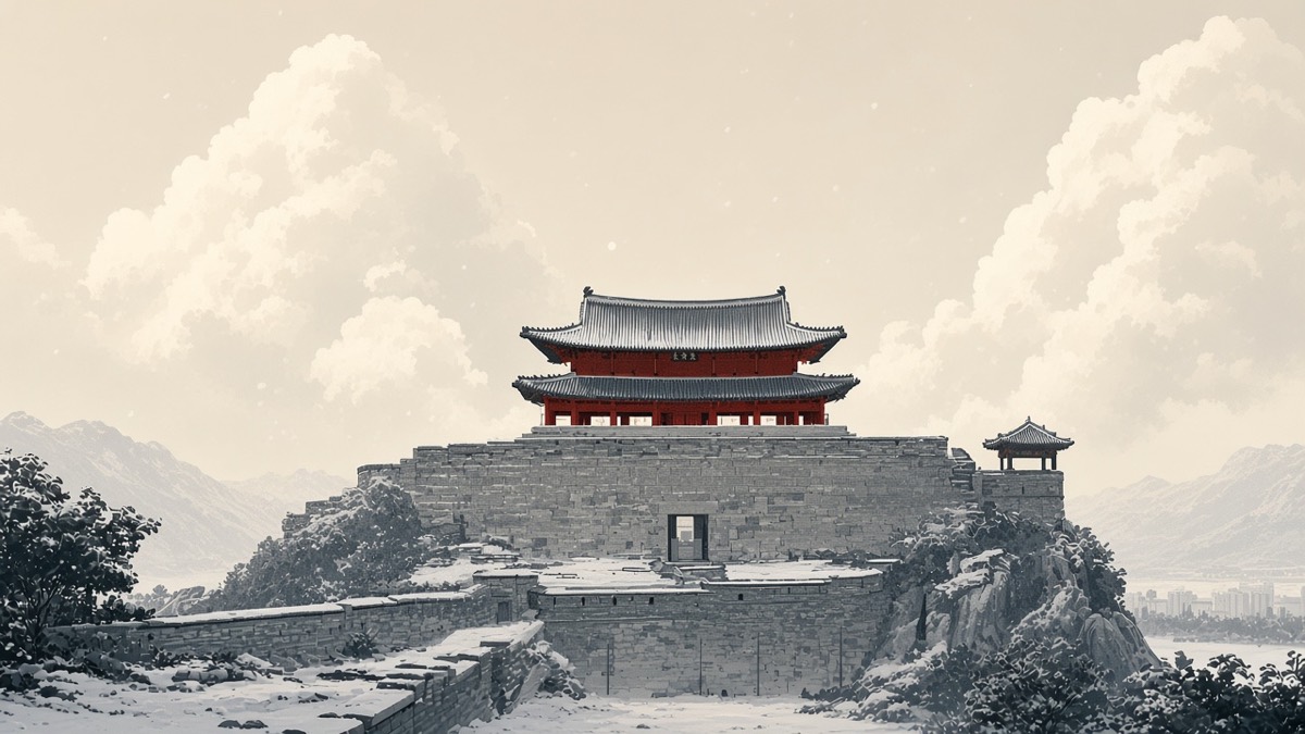 Winter siege of the same red Pyongyang munru on the grey ridge; tiny frozen specks at the wall