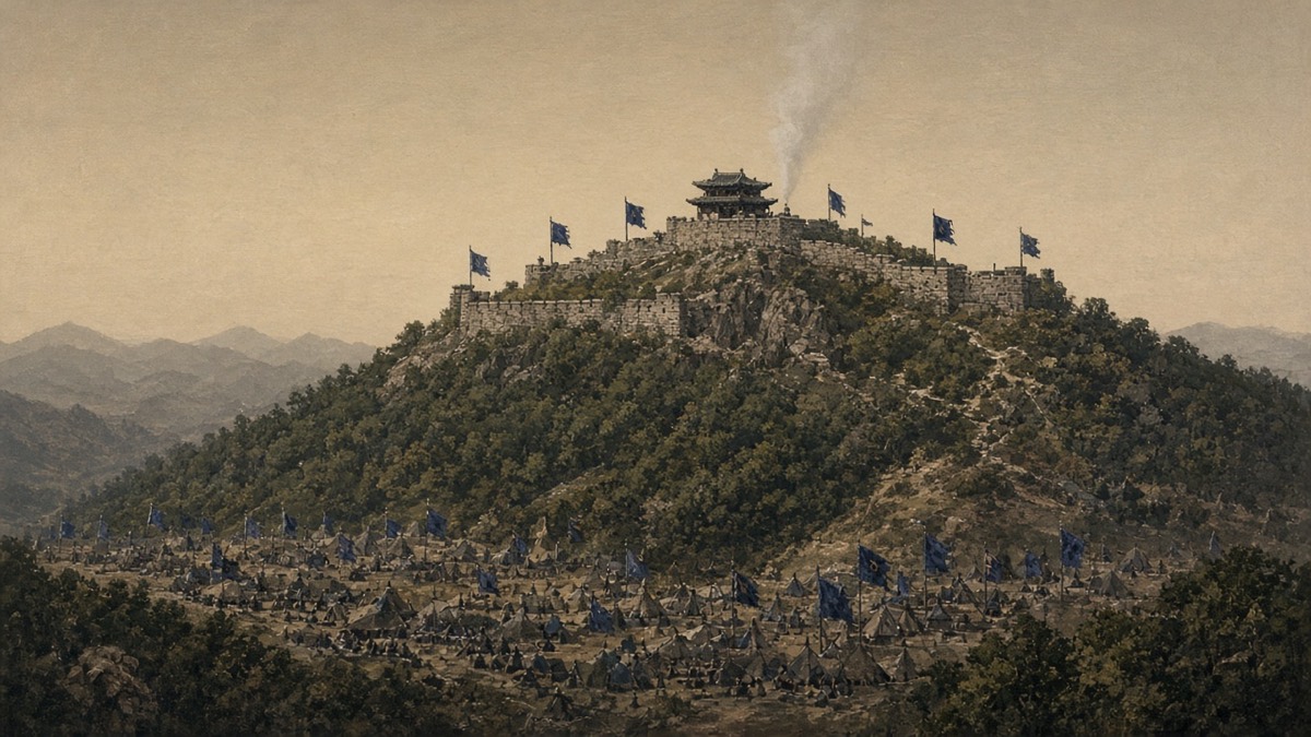 Myeonghwal mountain fortress (Radiance) east of Gyeongju under Silla siege, incense rising from the keep