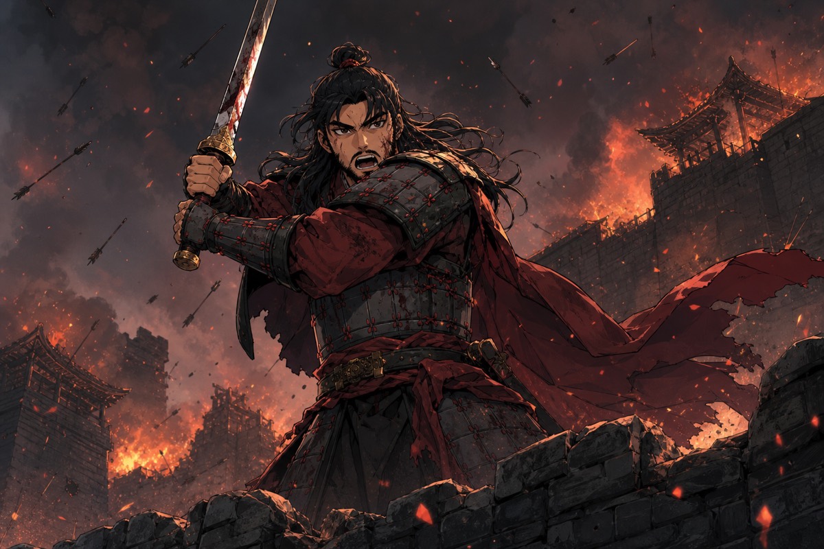 Xue Rengui in red-lacquered armour, working the siege like a harvest