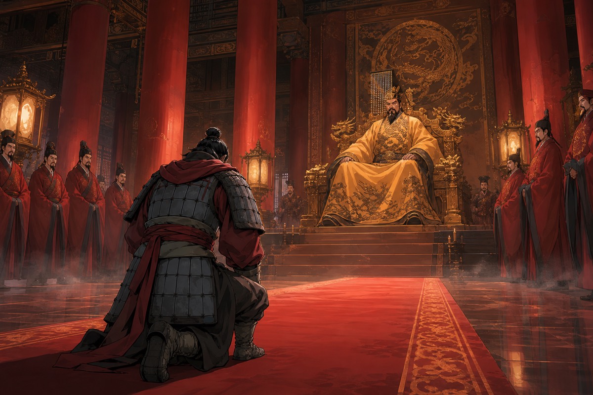 Namseng in crimson kneeling before the Tang court, denouncing his own country