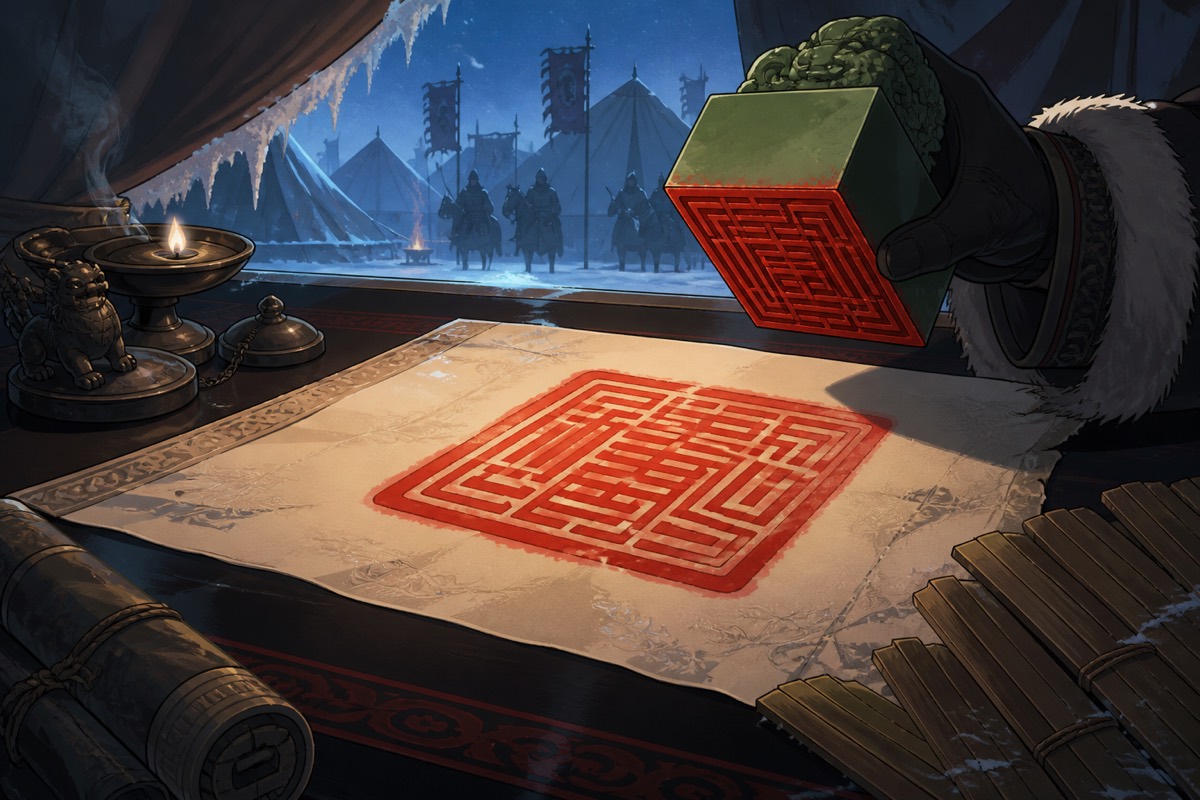 A red sigil burning against black — the relief army freezing in the snow
