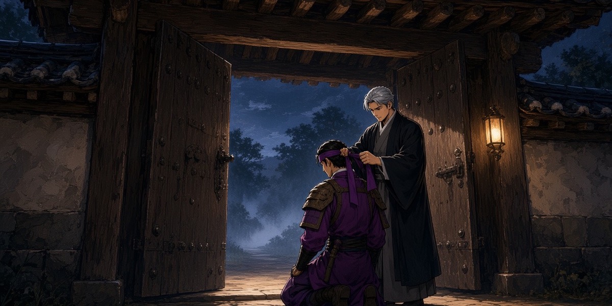 Before dawn in the open gate of the old house, Son Sukwon ties a purple hwarang headband on his kneeling son, the pale road ahead