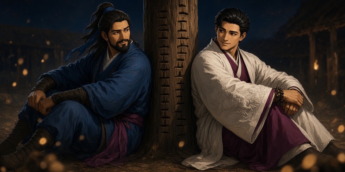 Yushin and Bidam sit back to back against a tally post of even notches in the torchlit yard, each grinning over his shoulder at the other