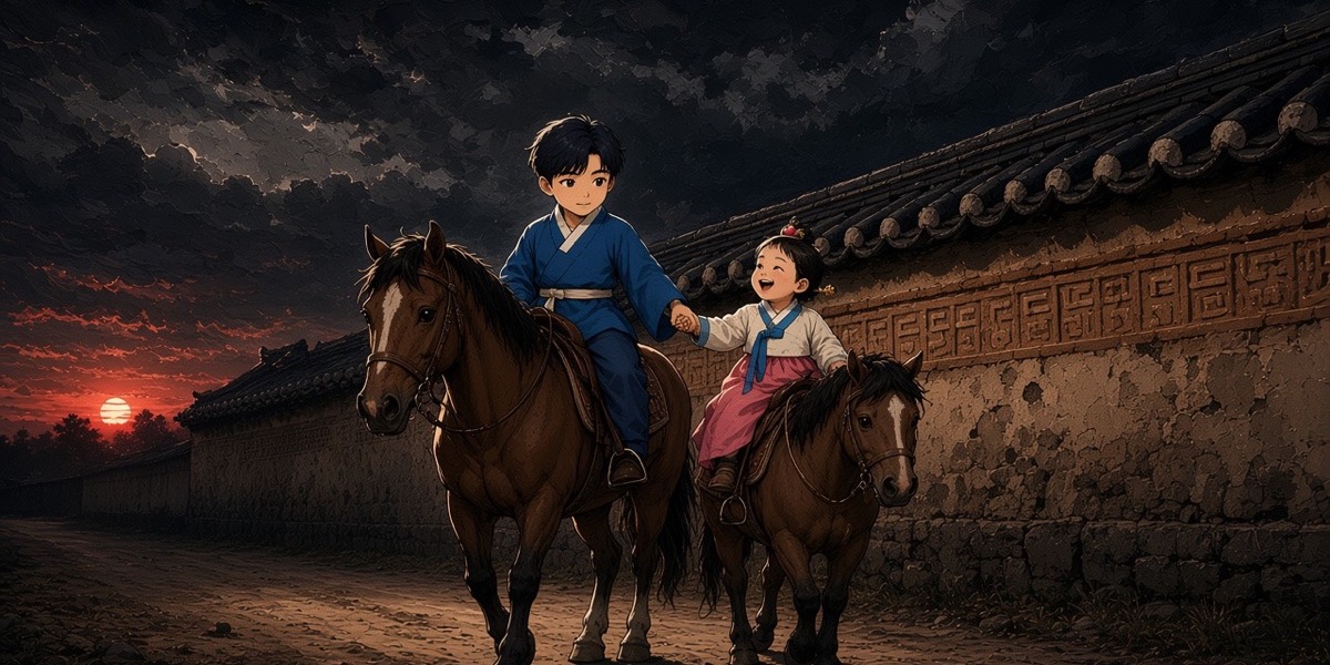 At dusk beneath a storm sky, six-year-old Bupmin rides beside his tiny sister Gotaso on her pony and holds her hand across the gap