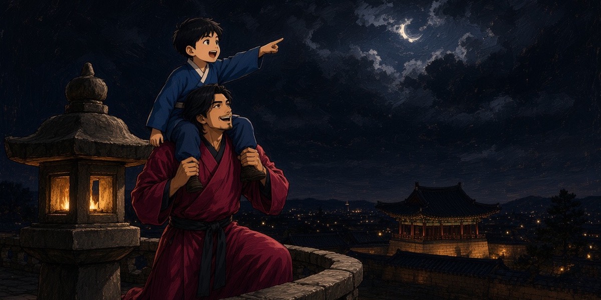 Under a black storm sky, by the firelight of a stone lantern, Chunchu rises with six-year-old Bupmin on his shoulders, the boy pointing at the city, the father looking only at him
