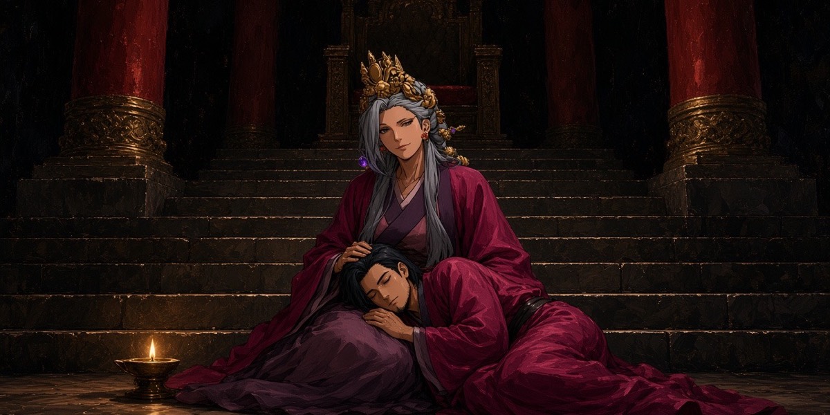 At the foot of the stairs to the empty throne, Chunchu sleeps with his head in his mother’s lap; Princess Chunmyung keeps her hand in his hair and her eyes on the dark hall