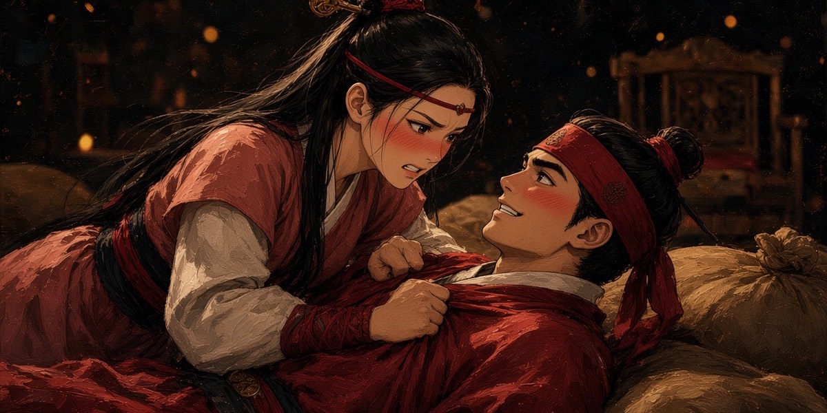By the hearth Sosuno, blushing furiously, hauls Jumong up by the front of his robe while he grins up at her from the grain sacks