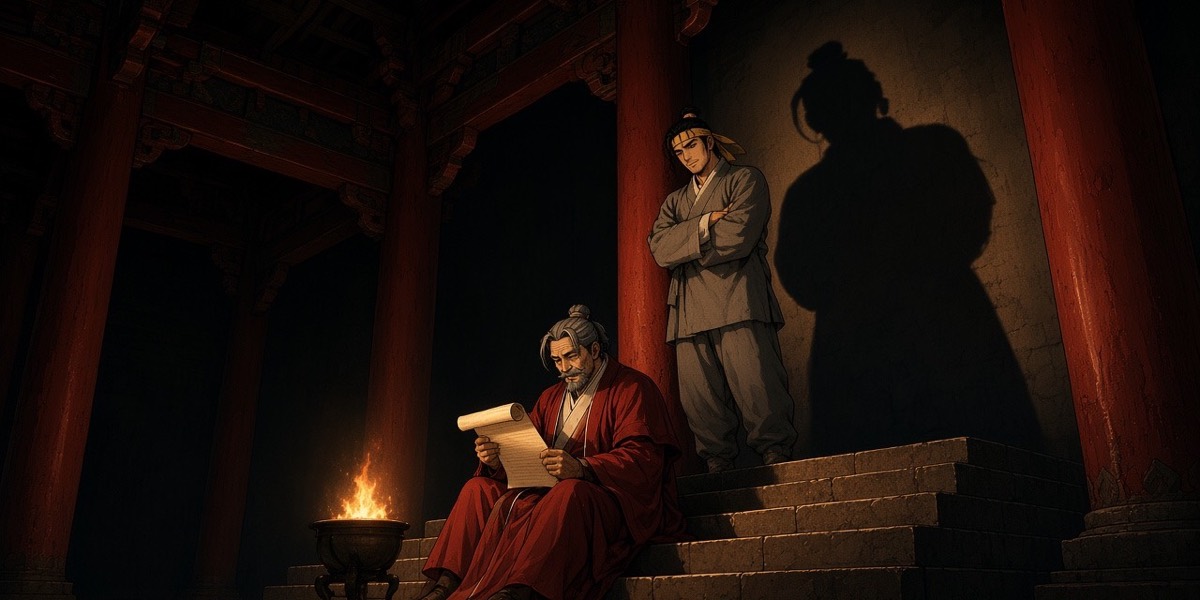 In the vast dark throne hall old King Mu reads a register by a brazier on the lowest step; above him Euija leans on a pillar, arms folded, his shadow climbing the wall toward the empty throne