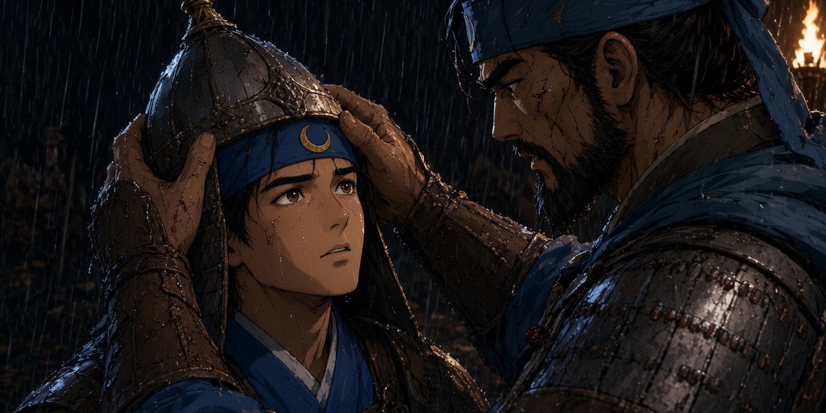 In the rain at Nangbi, Seohyun settles a helmet onto his son’s head while young Yushin looks up at him, hoping