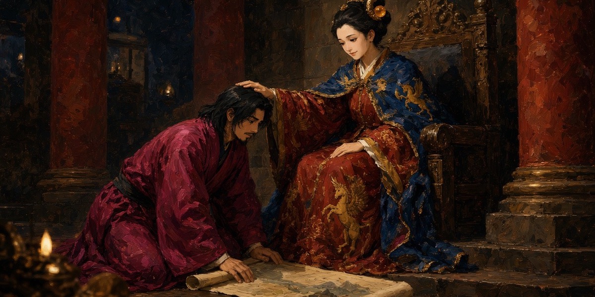 Queen Sunduk rests her hand on the bowed head of her kneeling nephew; his hands lie on a map unrolled from her feet toward the north