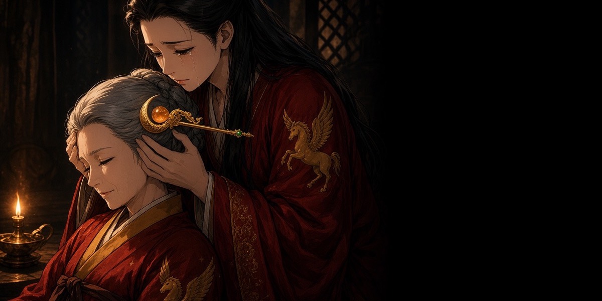 By one oil lamp, Seungman cradles the back of Queen Sunduk’s head and pins the gold crescent binyeo into her grey hair as the Queen rests against her, eyes closed