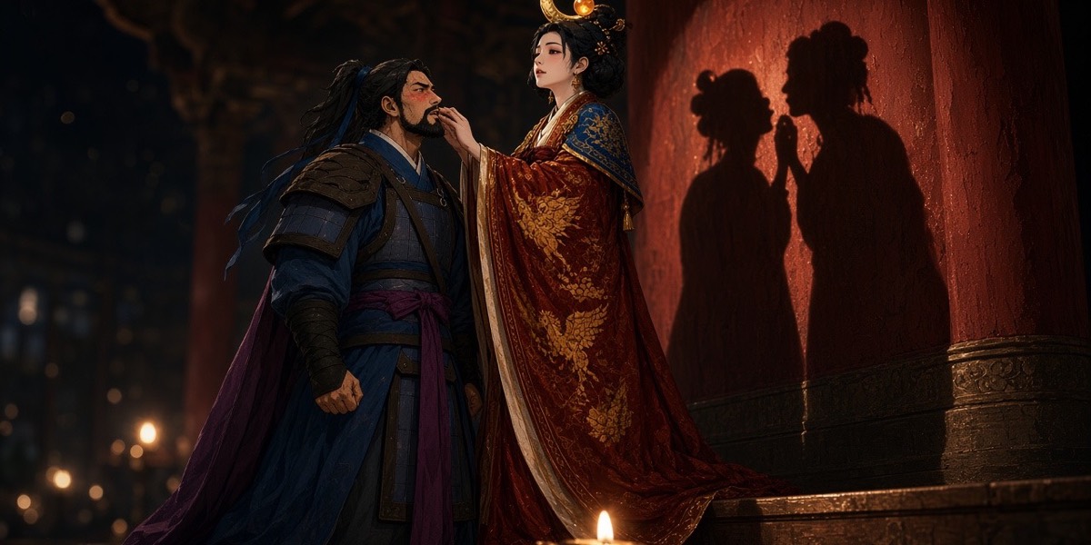 In the emptied wedding hall Sunduk and Yushin stand a breath apart, flushed and wanting; on the red pillar behind them their shadows have already met