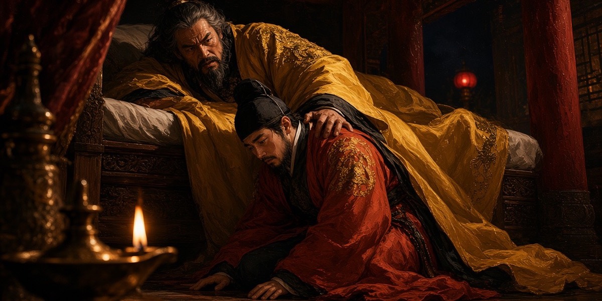 From the deathbed the Second Emperor grips his kneeling son’s shoulder; the vast yellow imperial robe spills down over Prince Zhi’s back