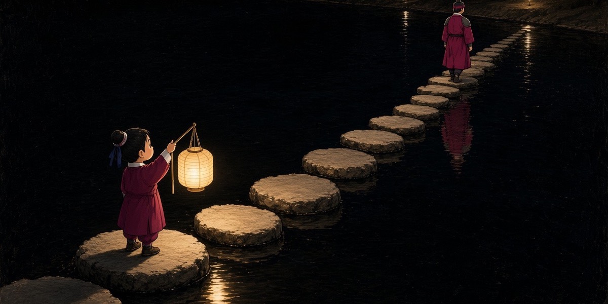Nine-year-old Chunchu holds up a paper lantern on the first stepping stone while his father Yongsu walks away across the black river