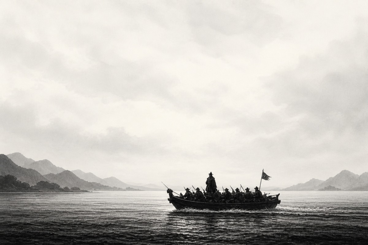 Yushin's rescue force mustering on the sixtieth day — men and boats counted out for the northern border