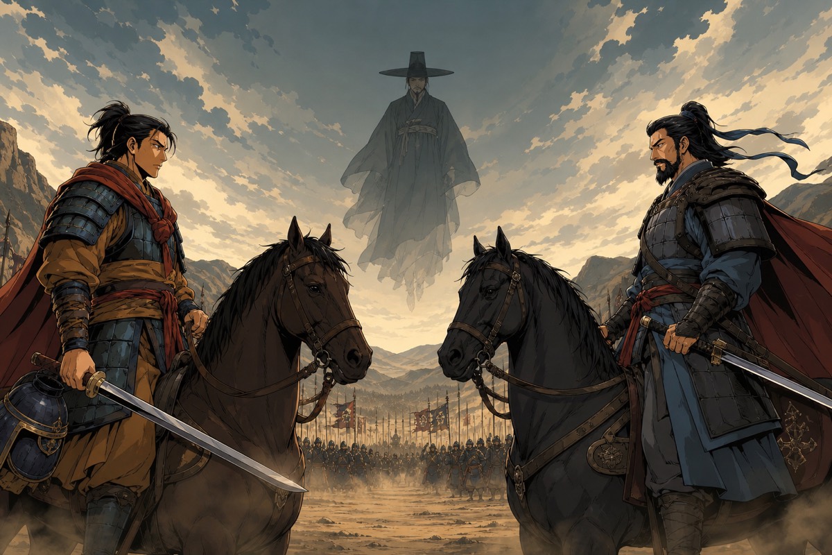 Gyebek and Kangrim face each other across the dusty field at Yellow Mountain