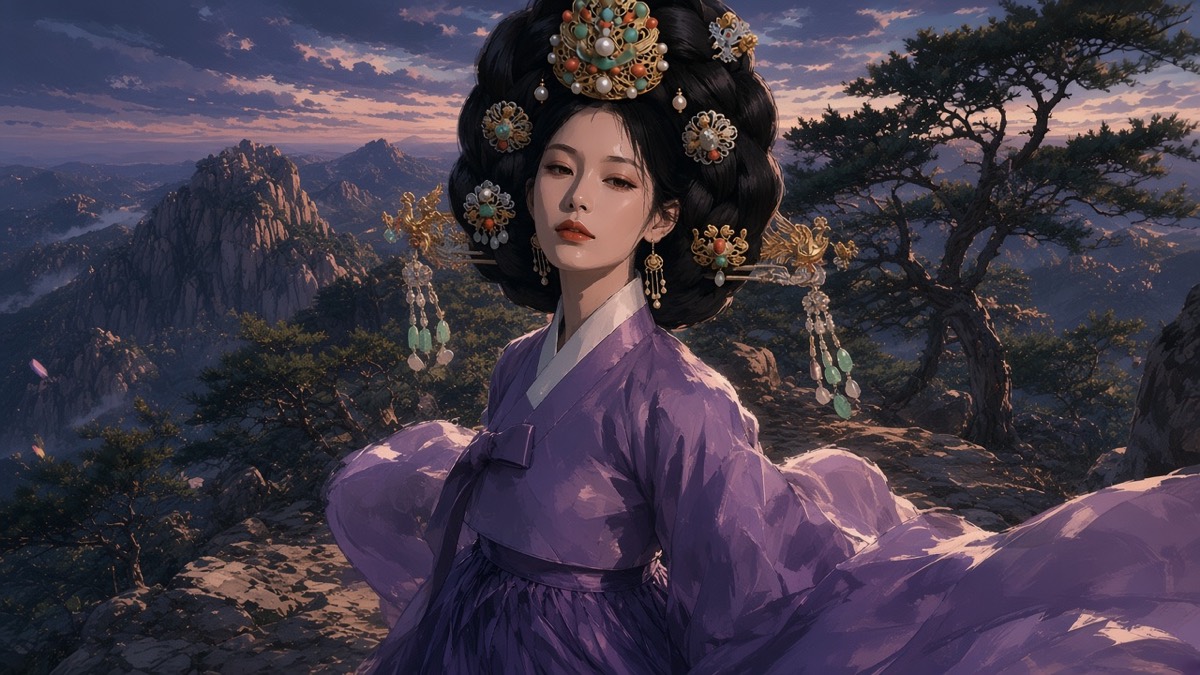 Lady of the Right View on her ridge, jade-mist silk, watching the mountain as if it were a court